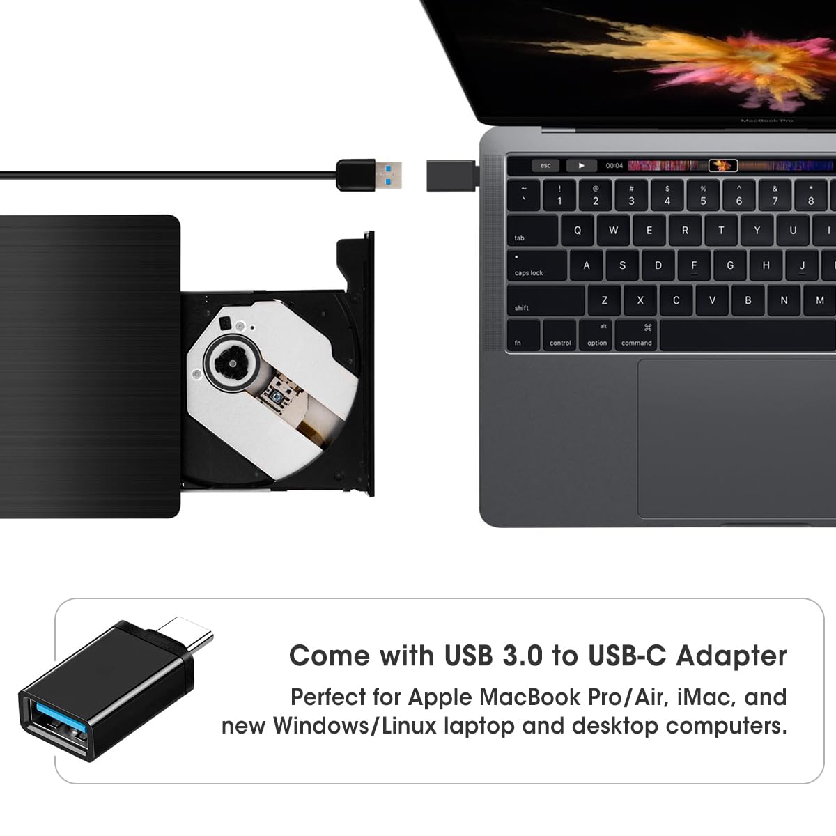 Roofull External Cd Dvd +/ Rw Drive For Laptop Pc, Usb 3.0 Portable Cd/Dvd Rom Optical Disc Player Reader Writer Burner With Car